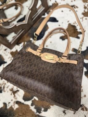 Michael Kors Brown Monogram Shoulder Satchel with Tan Trim